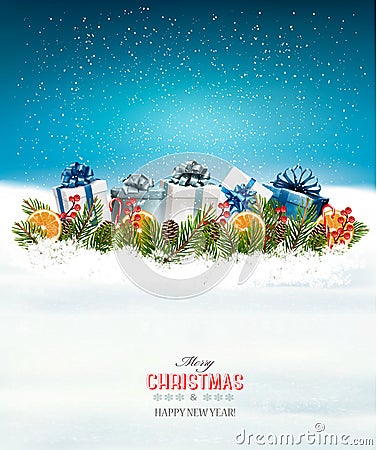 Holiday Christmas background with a border of gift boxes Vector Illustration