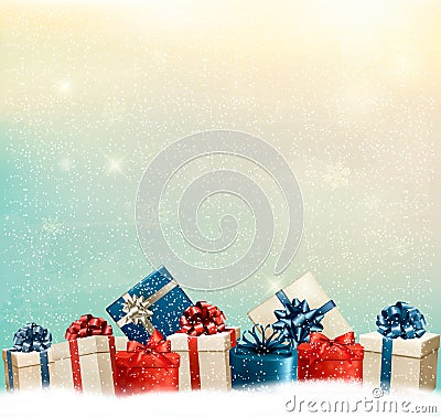 Holiday Christmas background with a border of gift boxes. Vector Illustration