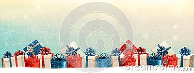 Holiday Christmas background with a border of gift boxes. Vector Illustration