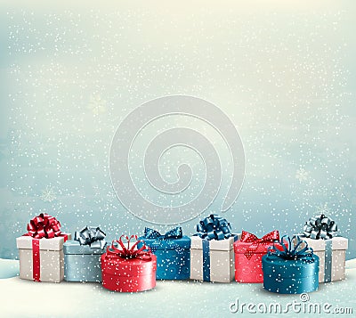 Holiday Christmas background with a border of gift boxes. Vector Illustration