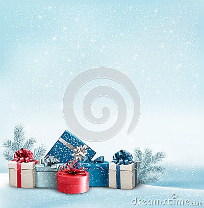 Holiday Christmas background with a border of gift boxes. Vector Illustration