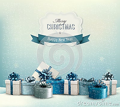 Holiday Christmas background with a border of gift boxes. Vector Illustration