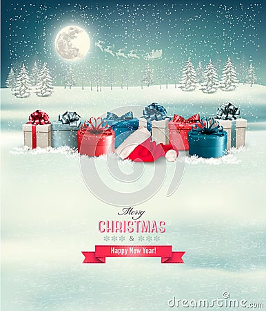 Holiday Christmas background with a border of gift boxes. Vector Illustration