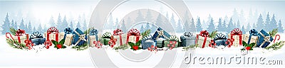 Holiday Christmas background with colorful gift boxes. Vector Illustration