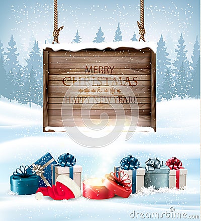 Holiday Christmas background with a gift boxes and Santa hat. Vector Illustration