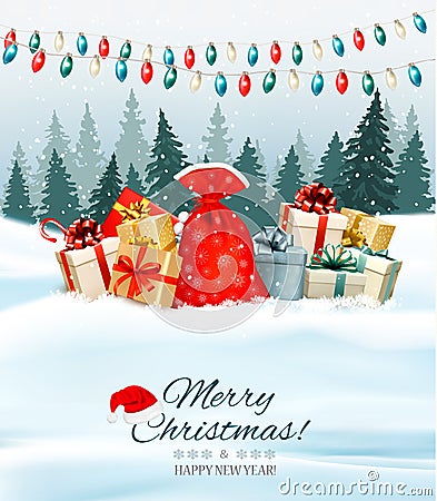 Holiday Christmas background with a sack full of gift boxes Vector Illustration