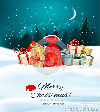 Holiday Christmas background with a sack full of gift boxes. Vector Illustration
