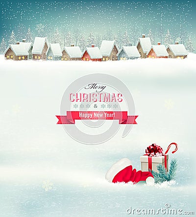 Holiday Christmas background with a village Vector Illustration