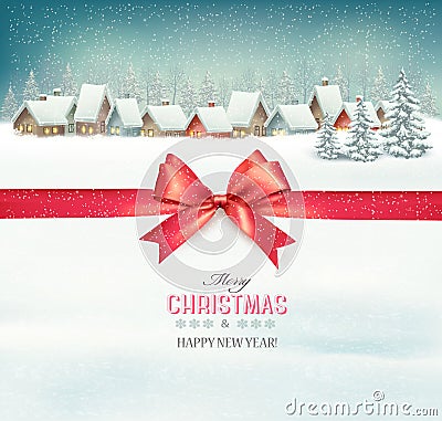 Holiday Christmas background with a village and a red bow Vector Illustration