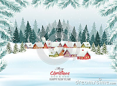Holiday Christmas background with a village and trees. Vector Illustration