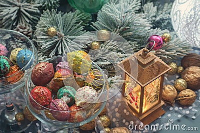 Holiday Christmas decoration still life with colorful walnuts Stock Photo