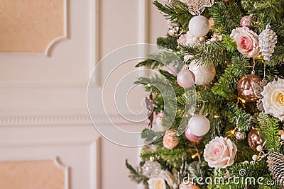Holiday Christmas Gifts with Boxes and Balls, Pine Cones, Wallnuts, Fir Tree Toys.Pastel decoration for christmas tree Stock Photo