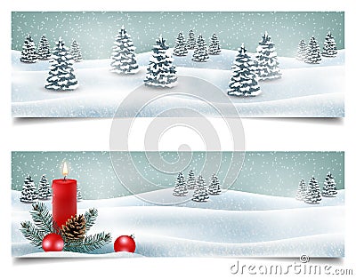 Holiday Christmas horizontal banners with winter landscape Cartoon Illustration