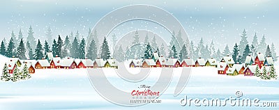 Holiday Christmas panorama with a winter village Vector Illustration