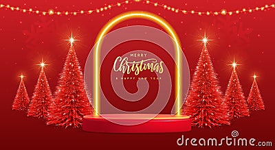 Holiday Christmas showcase background with 3d podium, neon arch and Christmas tree. Vector Illustration
