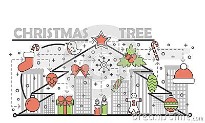 Holiday Christmas tree concept line banner. Vector illustration linear style design. Graphic icons with toys and gifts Vector Illustration