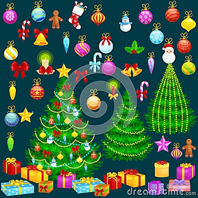 Holiday christmas tree isolated decoration for celebrate xmass with ball gold bells candles stars lights candy and Vector Illustration