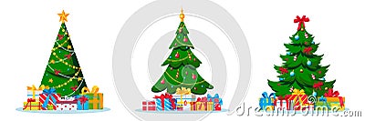 Holiday Christmas trees. Vector flat cartoon illustration. Celebrating New Year Eve greeting cards design elements Vector Illustration