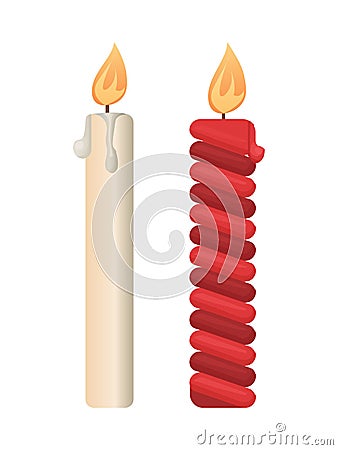 Holiday and Church Candles, Burning Paraffin Icons Vector Illustration