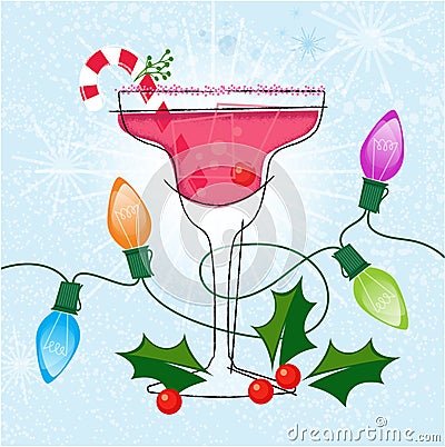 Holiday cocktail with Christmas lights and holly Vector Illustration