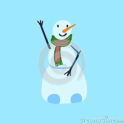 Vector flat snowman with scarf on blue background. Holiday blue illustration Cartoon Illustration