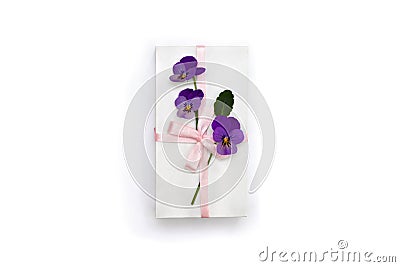 Holiday composition, white gift box with pink ribbon and bow and flowers viola tricolor pansy on white paper background. Stock Photo
