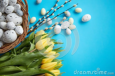 Holiday contept decoration with easter eggs and yellow tulips over blue Stock Photo