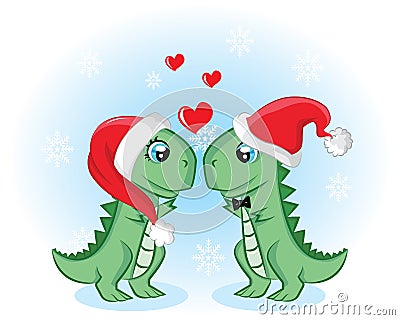 Holiday couple dino with love and Santa hats. Hand drawn seasonal card Vector Illustration