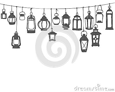 Hunging lanterns. Black on white doodle illustration Vector Illustration