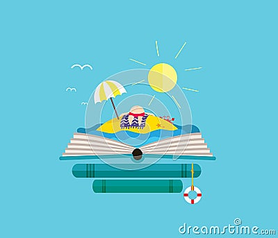 Holiday desert island with sunbathing man on the open book. Perfect for bookstore. Vector Illustration