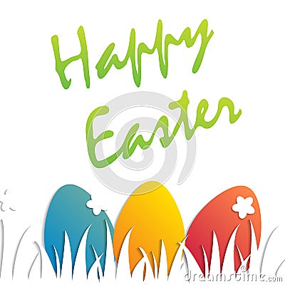 Holiday easter background. The colored eggs on the grass. Easter card with place for text. Vector Illustration