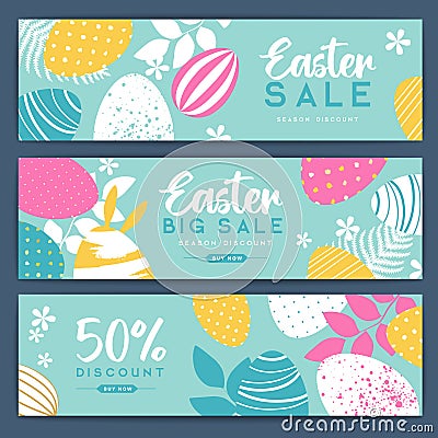 Holiday Easter background with colorful easter eggs and flowers. Set of Easter sale bannes. Vector Illustration