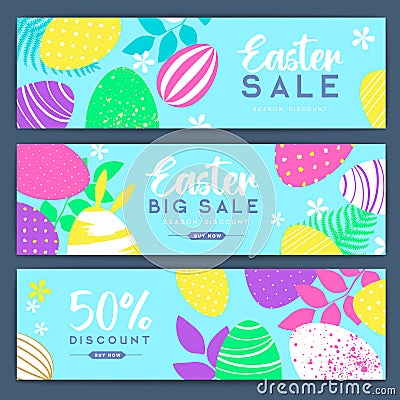 Holiday Easter background with colorful easter eggs and flowers. Set of Easter sale bannes. Vector Illustration