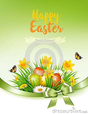 Holiday easter background with a colorful eggs and spring flowers Vector Illustration