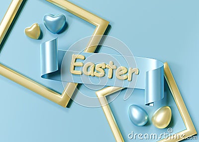 Holiday Easter background. 3d render. Blue and gold eggs, hearts, scroll for text, and gold frams. Template for greeting card Stock Photo