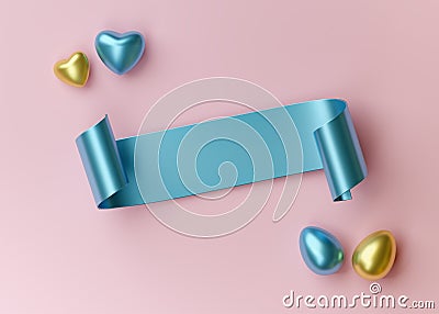 Holiday Easter background. 3d render. Blue and gold eggs, hearts, scroll for text on a pink background. Template for greeting Stock Photo