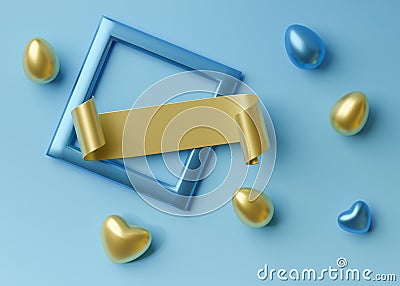 Holiday Easter background. 3d render. Blue and gold eggs, scroll for text, and frame. Template for greeting card Stock Photo