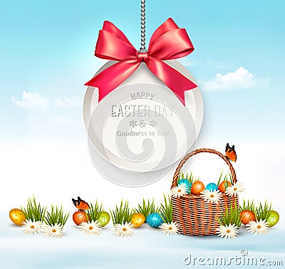 Holiday Easter background with eggs in a basket. Vector Illustration