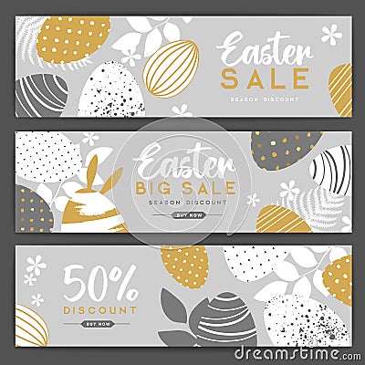 Holiday Easter background with easter eggs and flowers. Set of Easter sale bannes. Vector Illustration
