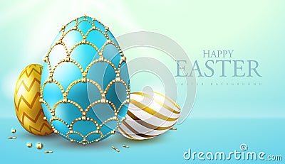 Holiday Easter background with golden and blue easter eggs. Faberge egg. Greeting card or poster. Vector Illustration