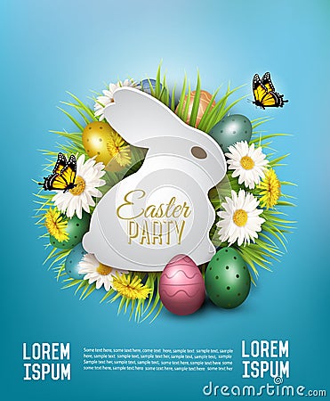 Holiday easter party flyer with easter eggs, spring flowers, grass and paper rabbit. Vector Illustration