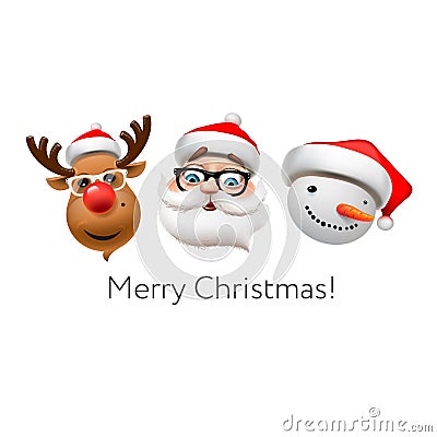 Holiday emoticon set icons, Christmas emoji symbols, Reindeer, santa Claus, snowman, vector illustration. Vector Illustration
