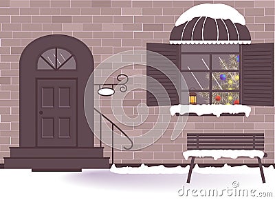 Holiday eve: merry Christmas, New year and Noel celebration.Exterior door of house and window decoration with candle for yuletide Vector Illustration