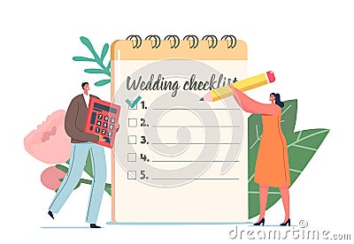 Holiday Event Organization. Couple Planning Wedding, Tiny Male and Female Characters at Huge Planner Filling Checklist Vector Illustration