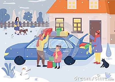 Holiday family shopping flat color vector illustration Cartoon Illustration