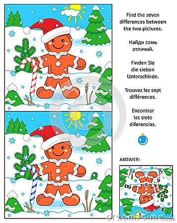 Holiday find the differences picture puzzle with gingerbread man Vector Illustration