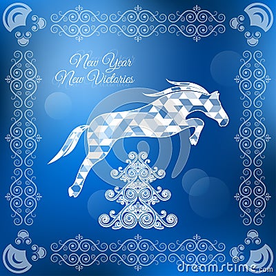 Holiday frame happy merry christmas new year horse Vector Illustration