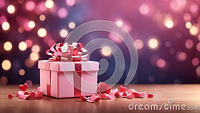 Pink gift box on holiday bokeh background with copy space Stock Photo