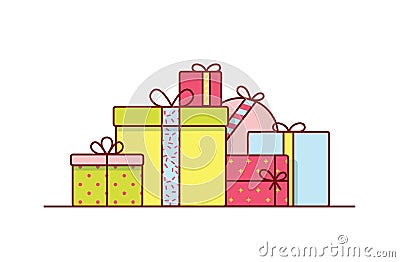 Holiday gift boxes wrapped in bright colored paper and decorated with ribbons and bows. Pile of packed festive presents Vector Illustration