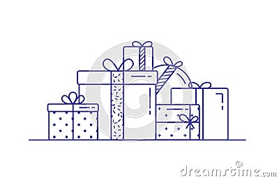 Holiday gift boxes wrapped in paper and decorated with ribbons and bows. Pile of packed festive presents drawn with Vector Illustration